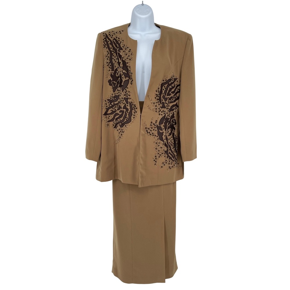 Champagne Italy Women's Skirt Suit‎ Set Embellished Brown Details Size 8